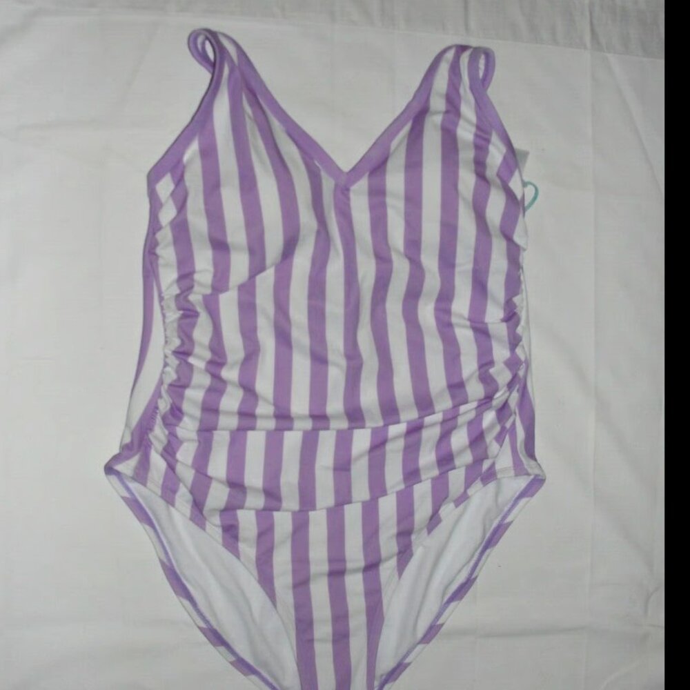 Women's Kona Sol Amethyst Purple White V-Neck striped swimsuit one Piece